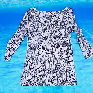 Loft boat neck 3/4 sleeve 100% cotton top shirt modern white black floral print